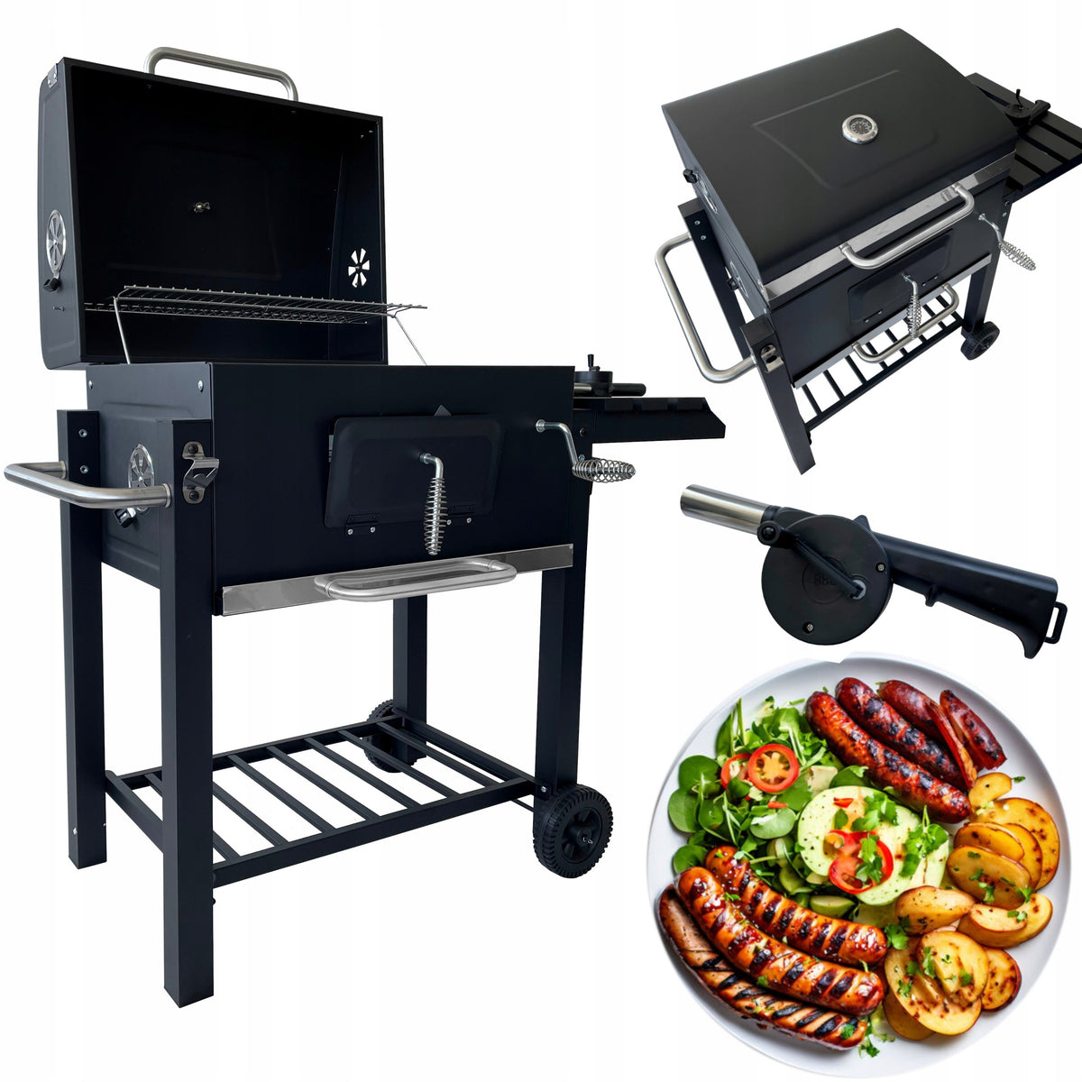 GRILL OGRODOWY WĘGLOWY XXL ZAMYKANY PÓŁKI TERMOMETR POPIELNIK + DMUCHAWA